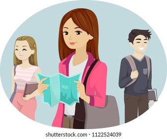 Illustration Of Teenage Girl Freshman Student Reading Campus Map With Other Students At The Back