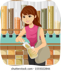 Illustration of a Teenage Girl Grocery Shopping in the Bulk Section and Bringing Her Own Jar