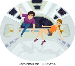 Illustration of a Teenage Girl and Guy Couple Floating Inside a Space Rocket in Outer Space, Zero Gravity