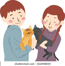 Illustration of a Teenage Girl and Guy Couple Introducing their Pet Cats to Each Other