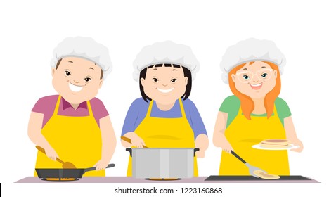 Illustration of Teenage Girl and Guy with Down Syndrome Wearing Hair Cap and Cooking