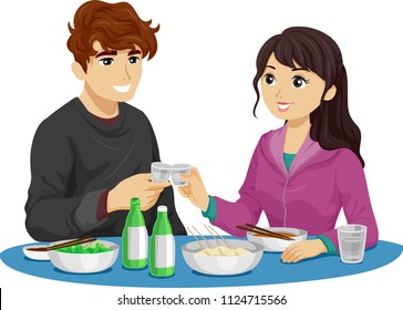 Illustration of a Teenage Girl and Guy Drinking Soju on a Table in Street Side