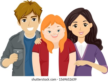 Illustration of Teenage Girl and Guy Friends with a Girl with Down Syndrome