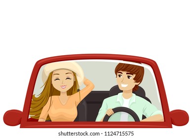 Illustration of a Teenage Girl and Guy Riding a Convertible Car on a Road Trip