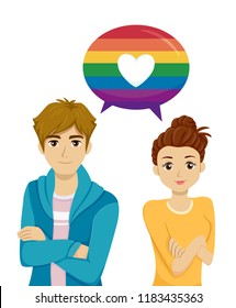 Illustration of a Teenage Girl and Guy with Speech Bubble In Rainbow Colors with Heart. LGBT