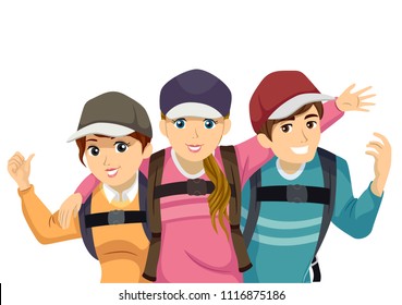 Illustration of Teenage Girl and Guys with Backpacks for Travel Posing