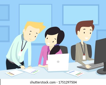 Illustration of Teenage Girl and Guys Intern Working in the Office Using Laptop Computer, Writing Reports