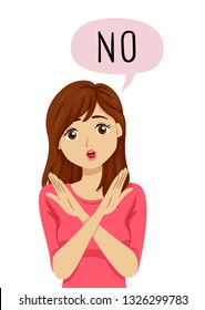 Illustration Of A Teenage Girl With Hands Cross And Saying No With Speech Bubble With No