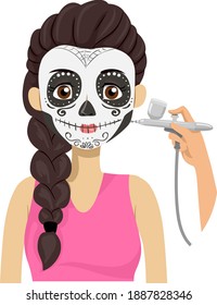 Illustration Of A Teenage Girl Having Air Brush Makeup For Her Sugar Skull Costume