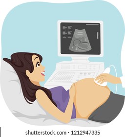 Illustration of a Teenage Girl Having Ultrasound at the Clinic
