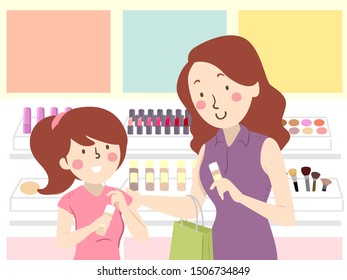 Illustration of a Teenage Girl with Her Mother Shopping for Make Up