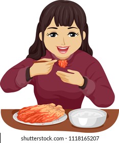 Illustration Of A Teenage Girl Holding Chopsticks Eating Kimchi