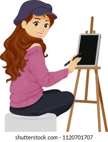 Illustration Of A Teenage Girl Holding A Digital Pen And Computer Tablet On Easel. Digital Painting Concept