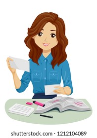 Illustration of a Teenage Girl Holding Flash Cards with Books and Markers Studying