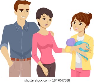 Illustration of a Teenage Girl Holding Her Baby as a Young Mother with Her Parents