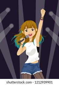 Ilustração de uma adolescente segurando um microfone, cantando no palco com holofote
