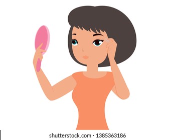 Illustration of a Teenage Girl Holding a Mirror and Tweezers Plucking Eyebrow