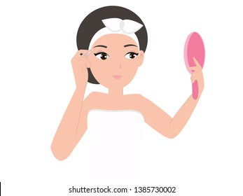 Illustration of a teenage girl holding a mirror and tweezers plucking eyebrow