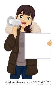 Illustration of a Teenage Girl Holding a Small Megaphone and a Blank Board Cheering