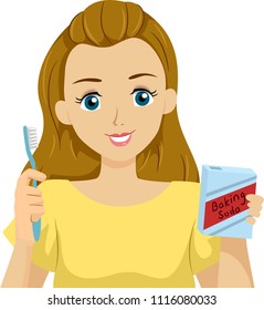 Illustration of a Teenage Girl Holding Toothbrush and a Box of Baking Soda as Tooth Paste Alternative