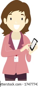 Illustration of a Teenage Girl Intern Wearing Identification Card and Pointing to Mobile Phone for Her Contact List