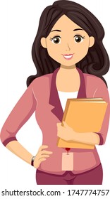 Illustration of a Teenage Girl Intern Wearing Identification Card and Holding Folders of Paperwork