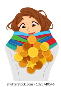 Illustration of a Teenage Girl Looking Down and Happy About the Several Gold Medals Around Her Neck