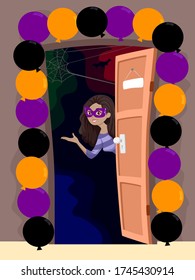 Illustration of a Teenage Girl in Mask Welcoming People Inside a Haunted House with an Open Door and Balloons