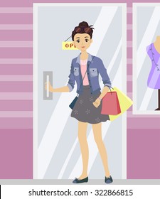 Illustration of a Teenage Girl Opening the Door of a Boutique