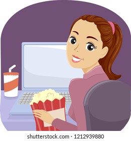 Illustration of a Teenage Girl in Pajamas Watching Movies or Shows on Her Laptop with Popcorn and Drinks