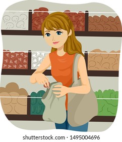 Illustration of a Teenage Girl Placing Food Inside Her Shopping Bag in a Bulk Shop