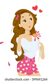 Illustration of a Teenage Girl Plucking Petals Off a Daisy