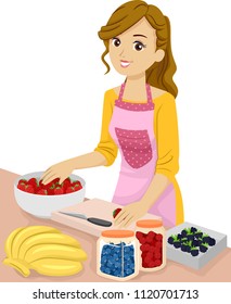 Illustration of a Teenage Girl Preparing and Preserving Fruits like Strawberry, Banana and Blueberries