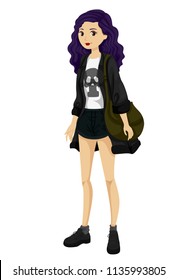 Illustration of a Teenage Girl with Purple Hair Wearing Urban Rock Fashion