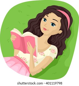 Illustration of a Teenage Girl Reading a Book Outdoors
