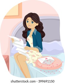 Illustration of a Teenage Girl Reading a Love Letter in Her Room
