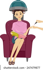 Illustration of a Teenage Girl Reading a Magazine While Having Her Nails and Hair Done