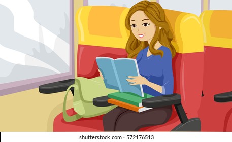 Illustration of a Teenage Girl Reading a Paperback While Commuting to School