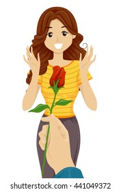 Illustration of a Teenage Girl Receiving a Long Stemmed Rose