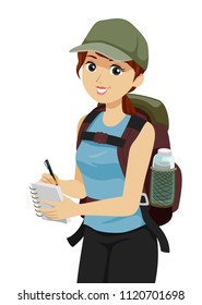 Illustration of a Teenage Girl Researcher Hiking a Mountain Carrying a Backpack with Water Bottle and Taking Notes