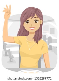 Illustration of a Teenage Girl in a Restaurant Raising Her Hand Up After Her Meal for Bill