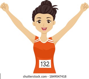 Illustration of a Teenage Girl Running with Arms Up and Finishing a Marathon