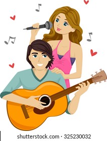 Illustration of a Teenage Girl Singing While Her Boyfriend Plays the Guitar