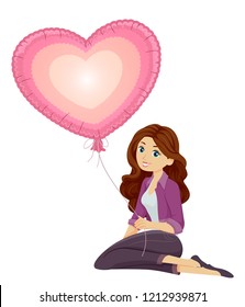 Illustration Of A Teenage Girl Sitting Down Holding A Heart Shaped Mylar Balloon