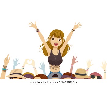 Illustration of a Teenage Girl Sitting on Top of Her Boyfriends Shoulder and Watching among the Crowd