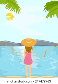 Illustration of a Teenage Girl Sitting on a Hammock by the Beach
