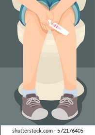 Illustration of a Teenage Girl Sitting on a Toilet Bowl Holding a Pregnancy Test Kit with a Positive Result