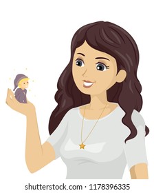 Illustration of a Teenage Girl Smiling at a Little Dwarf or Elf Sitting On Her Hand