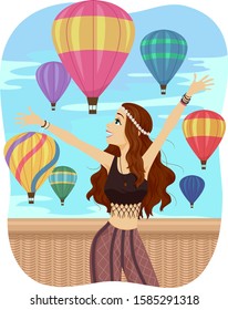 Illustration of a Teenage Girl Smiling and Raising Her Hands Celebrating Hot Air Balloon Festival Looking at Floating Hot Air Balloons Behind