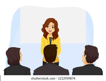 Illustration Of A Teenage Girl Speaking In Front Of A Panel For An Interview